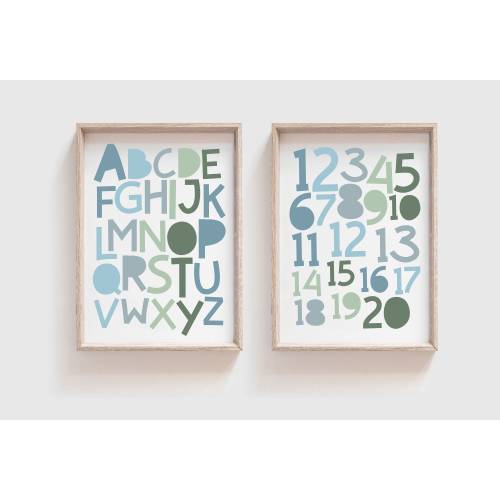 Set of 2 Alphabet And Number Prints, Boys Blue and Green Playroom Prints, ABC Print, Boys Nursery Prints, Playroom Wall Art, Alphabet Poster