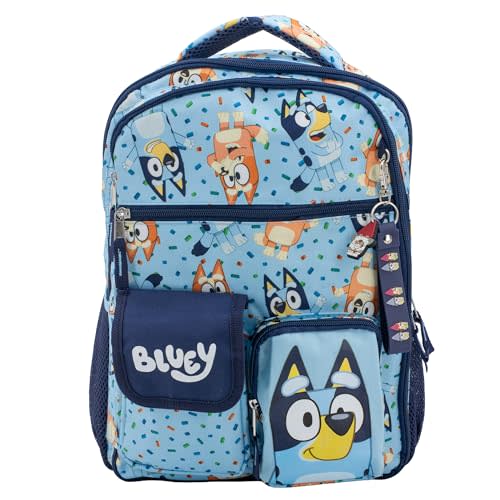AI ACCESSORY INNOVATIONS Bluey & Bingo Backpack for Girls & Boys, Multi Pocket Bookbag with Adjustable Shoulder Straps & Padded Back, Blue