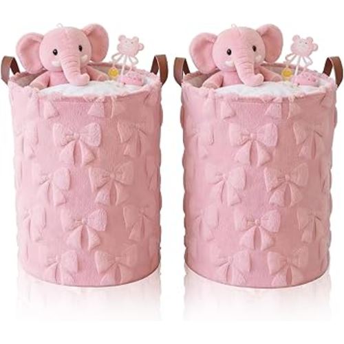 2 Pcs Pink Bow Laundry Hamper Girls Room Decor Coquette Pink Bow Plush Faux Fur Basket Kids Large Storage Basket Collapsible Organize Bins for Gifts Toys Blanket Clothes Nursery Bedroom