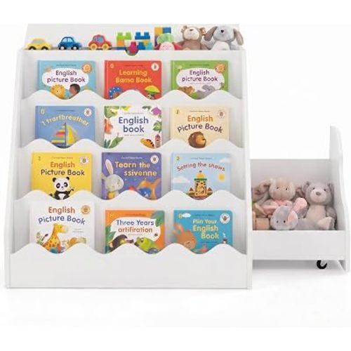 HONEY JOY 4-Tier Kids Bookshelf, 2-in-1 Wooden Toddler Storage Rack w/Flip-Open Top & Rolling Drawer Cart, Cute Toy Organizer, Display Stand for Nursery Playroom Daycare Kindergarten (White)