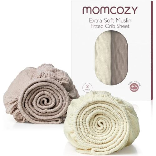 Momcozy Muslin Mini Crib Sheets Fitted - 38''x26'' Pack and Play Sheets for Pack N Play Mattress, 2 Pack Soft & Breathable Natural Cotton Non Slip Bed Cover for Boys, Girls, Beige Coffee Red