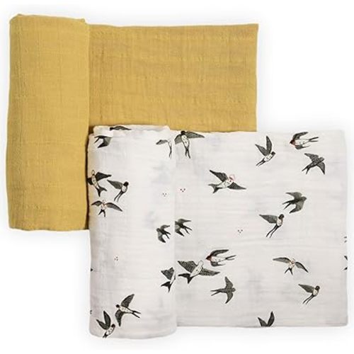 Little Unicorn 100% Certified Natural Organic Cotton Muslin Swaddle Blanket 2 Pack | Giftable Set of 2 swaddles (Swallows)