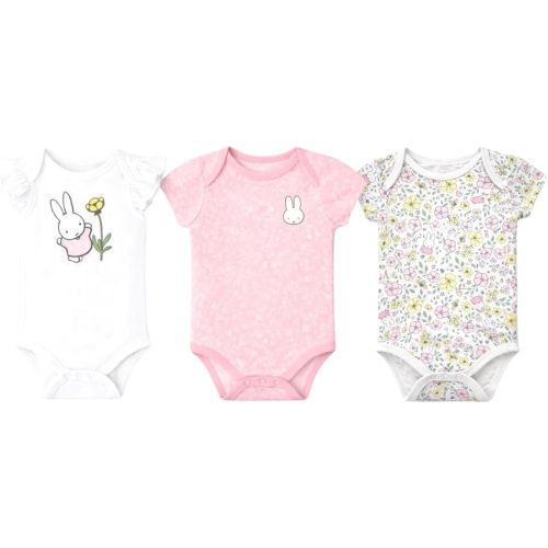 Miffy Baby Girls' 3-Pack Short Sleeve Soft Cotton Blend Bodysuit Sets