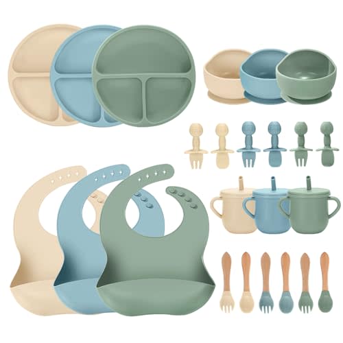 JELLDJK 24 PCS Silicone Baby Feeding Set, Baby Led Weaning Supplies Includes Suction Bowls and Divided Plates, Adjustable Silicone Bib, Spoons&forks, Training cup with straw (Green+Blue+Beige)