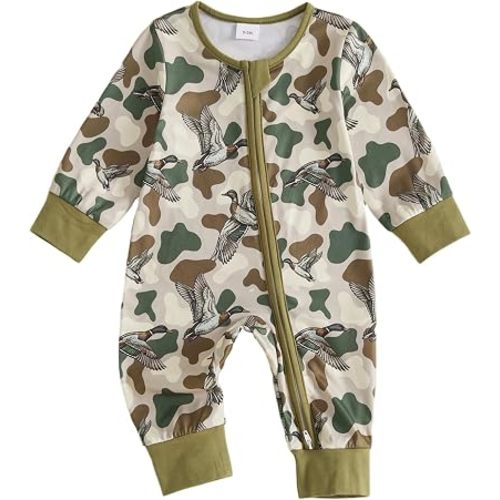 Baby Girl Boy Hunting Clothes Mallard Duck Deer Romper Zipper Jumpsuit Retro Bodysuit Newborn Going Home Outfit Fall