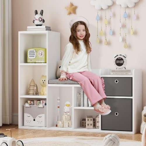 Children's Bookcase with Storage Bench and 2 Fabric Drawers for Nursery, Bedroom, Playroom, Easy Assembly, White