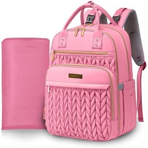 Jubily Diaper Bag Backpack, 30L Travel Backpack for Women, Waterproof Bag with 5 Compartments, 20 Pockets, Laptop & iPad Slots, Portable Changing Pad, Baby Essentials Organizer (Pink)