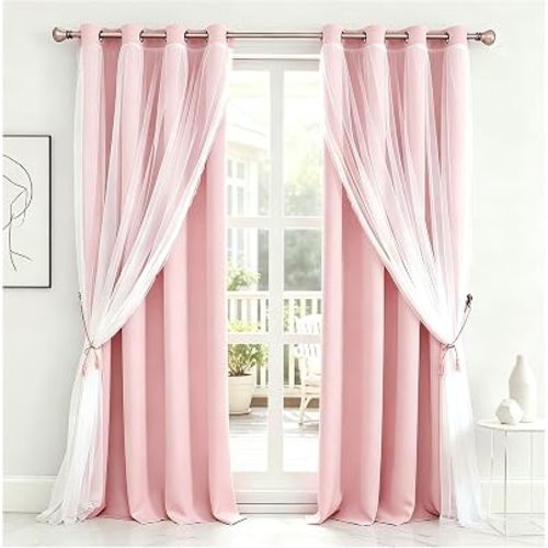 Pink Blackout Curtains with Lace Hems Sheer Overlay, 2 Panels, Thermal Insulated & Soundproof, Room Darkening, Living Room, Bedroom - Modern Elegant Romanntic Pink Drapes, 52x84 Inches
