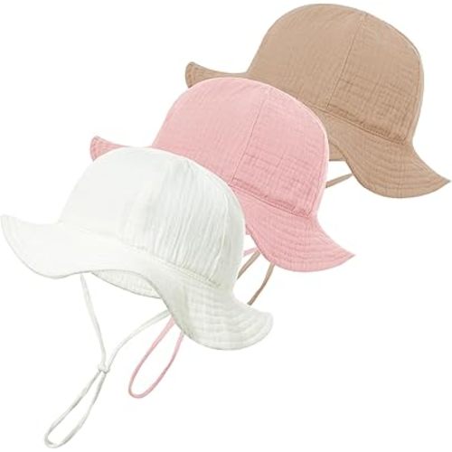 3 Pcs Baby Sun Hat Muslin, UPF 50+ Sun Protection Baby Bucket Hat Adjustable Summer Beach Hats with Wide Brim