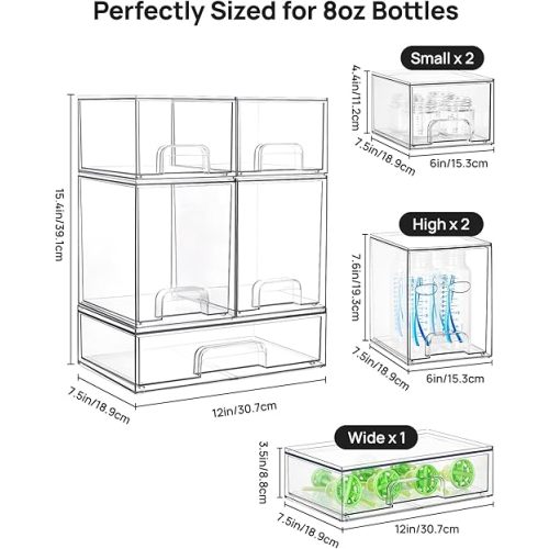 Vtopmart Stackable Storage Drawers Set of 5, Clear Plastic Organizer Bins for Baby Bottle, Beauty Supplies Storage, Ideal for Kichen Countertop, Vanity, Bathroom, Cabinet, Pantry Organization