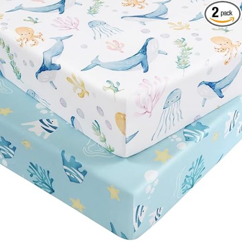 Mini Crib Sheets 2-Pack, 38" x 26" Blue Ocean