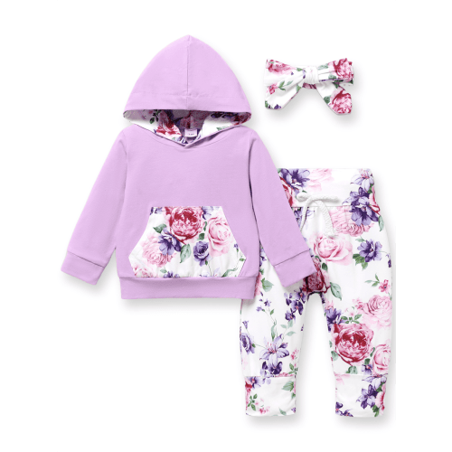 PatPat Baby Clothes for Girls Long-sleeve Floral Hoodie Pants and Headband Set,12-18 Months