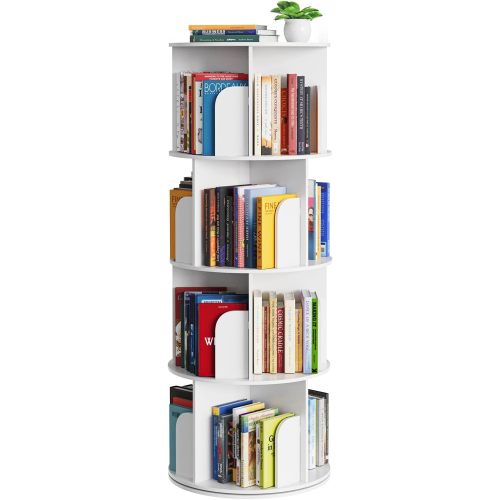 SpaceAid Cross Style 4 Tier Rotating Bookshelf, Spinning 360 Bookcase Lazy Susan Tower, Vertical Revolving Books Shelf Storage Round Carousel Space Saving Organizer, White