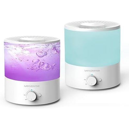 MegaWise Cool Mist Humidifiers for Babies, Bedroom, Nursery, Home and Office | Super Quiet Ultrasonic Vaporizer, Large Top-Refill 1.5L, Essential Oil Diffuser, Auto Off, Easy Clean (2 Pack)