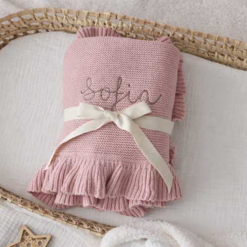 Personalized Organic Cotton Ruffle Knit Baby Blanket with Embroidered Name – Soft Newborn Shower Gift
