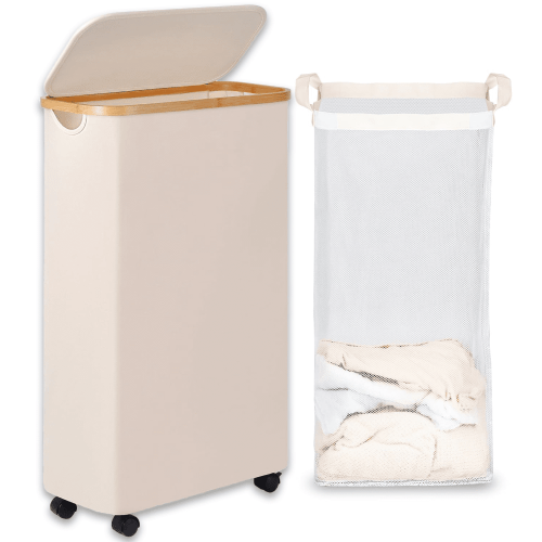 Slim Laundry Hamper with Wheels, Collapsible Thin Laundry Basket with Lid and Removable Bag, Bamboo Handle Slim Clothes Hamper for Bedroom, Bathroom, Dorm, Apartment