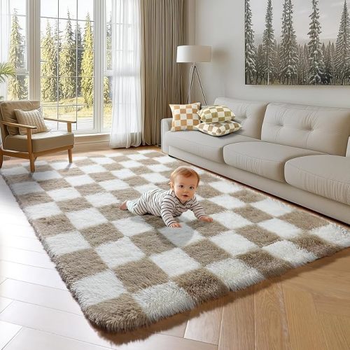 KICMOR 5x7 Beige and Cream White Area Rugs Fluffy Living Room Carpet, Large Fuzzy Checkered Shag Rug for Bedroom Aesthetic, Soft Plush Shaggy Rug for Kids Girls Boys Nursery Room Playroom Home Decor
