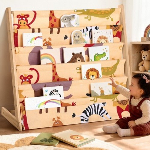 GOTGELIF Kids 5-Tier Bookshelf Organizer - Graffiti Style Design, Solid Wood Bookcase, Open Shelves Storage Organizer