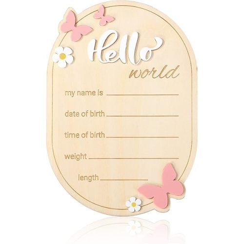 Wooden Baby Birth Announcement Sign, Hello World Newborn Name Signs Daisy & Butterfly Welcome Baby Arrival Plaque for Hospital Nursery Home Decoration Gifts Boys Girls Photo Prop