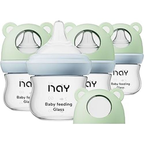 Natural Glass Baby Bottle for Breastfeeding Babies, 3oz Newborn Anti-Colic Baby Bottle with Slow Flow Nipples (SS), Clear, Wide Neck, 4 Pack, 0 Months+