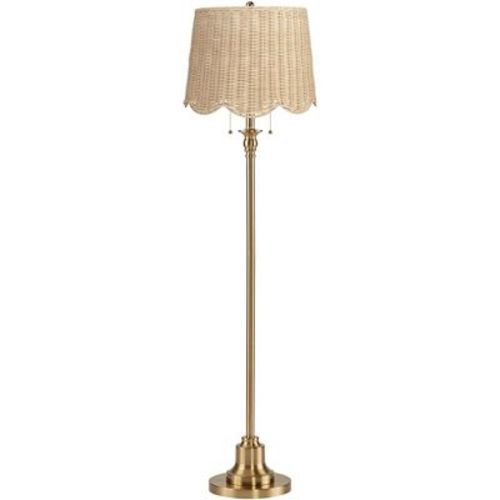 360 Lighting Dyna 58"H Antique Brass and Rattan Drum Shade 2-Light Floor Lamp