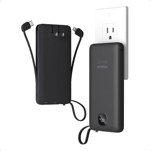 TESSAN Portable Charger with Built in Cables, 10000mAh Power Bank Fast Charging with Foldable AC Plug, PD20W Compact Battery Pack Travel Essentials for iPhone 17/16/15 Series, Samsung, Tablets, Black