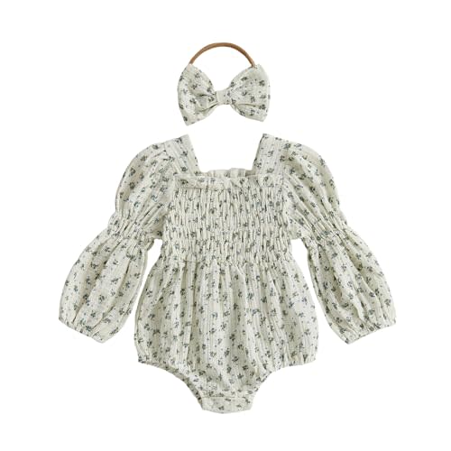 Kavousa Smocked Baby Girl Clothes Newborn Girl Bubble Romper Long Sleeve Jumpsuit And Headband Outfit Cute Infant Clothing