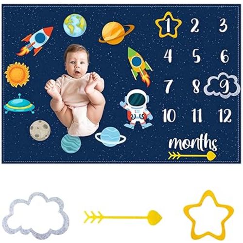 CSFOTO Space Baby Monthly Milestone Blanket Astronaut Star Decor Photography Background Newborn Growth Record Prop Blanket 60 "x40 with Frames