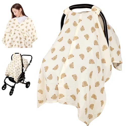 Jundetye Car Seat Cover Baby Girls Boys, Summer Cotton Baby Car Seat Cover for Carseat, Comfortable Muslin Nursing Cover, Soft Baby Blanket, Breathable Lightweight Infant Stroller Canopy, Cute Bear