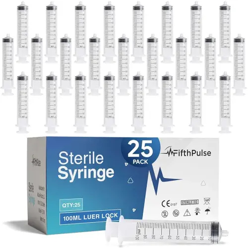 100 ml Syringe without Needle - 25 Pack of Individually Wrapped Disposable Syringes - Good for Medical, Scientific Lab, Home Use, and More - Sterile Luer Lock Syringes