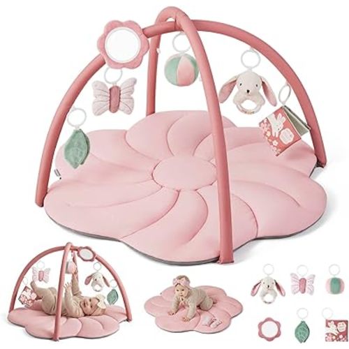 Blissful Diary Baby Play Gym Mat, Tummy Time with 6 Detachable Toys for Sensory & Motor Skill Development, Baby Activity Mat for Girl Boy Newborn Essentials Shower Gift, Pink Floral