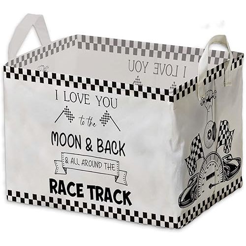 Race Car Storage Basket for Boys, Boys Checkered Basket, Race Flag Kids Baby Storage Bin Toy, Car Themed Room Decor for Nursery, Large Squarecanvas Laundry Hamper With A Waterproof PECoating, Foldable
