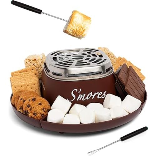Nostalgia Tabletop Indoor Electric S'mores Maker - Smores Kit With Marshmallow Roasting Sticks and 4 Trays for Graham Crackers, Chocolate, and Marshmallows - Movie Night Supplies - Brown