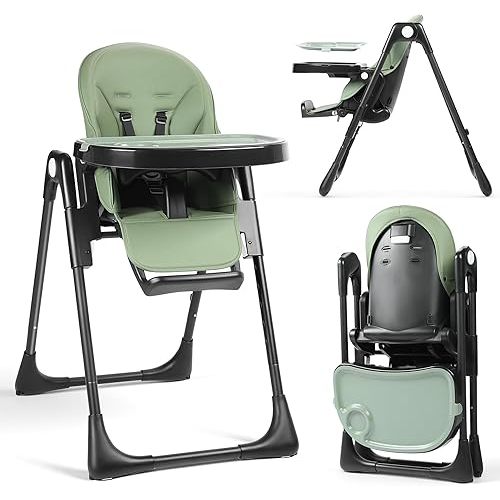 TODEFULL 3 in 1 Foldable Baby High Chair, Infant High Chairs for Babies and Toddlers, 6 Height & 5 Recline Adjustable Toddler Feeding Chair, 2 Tray Depth & 3 Footrest Angles, 2 Built-in Wheels, Green