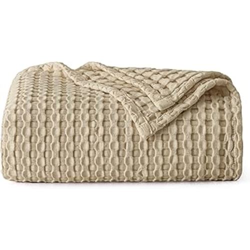 Bedsure Cooling Cotton Waffle Weave Throw Blanket - Lightweight Breathable Blanket of Rayon Derived from Bamboo for Hot Sleepers, Luxury Throws for Bed, Couch and Sofa, Light Brown, 50x70 Inches