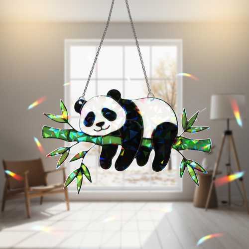 Panda Acrylic Suncatcher Window Hanging, Hologram Panda on Bamboo, Cute Animal Rainbow Sun Catcher Decor