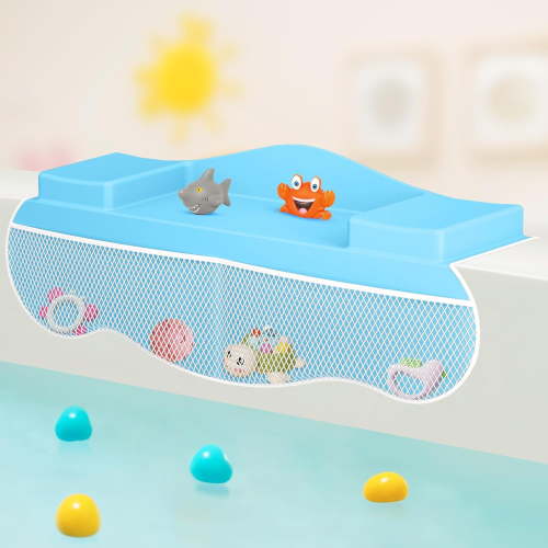 Bathtub Splash Guard for Kids-8 Strong Suction Cups Silicone Tub Topper Splash Guard for Bathtub, Bath Toy Holder, Tub Play Shelf with 4 Mesh Pockets, Water Spill in Bathroom for Toddlers Kids (Blue)