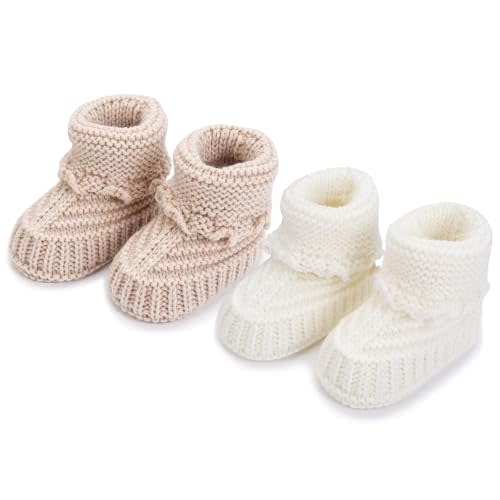 FABRST 2 Pairs Baby Booties Newborn Baby Hand Crochet Knit Boots Infant Soft Cozy Warm Shoes for Toddler Girls Boys