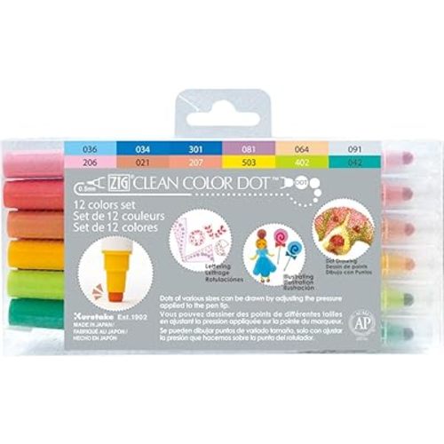 Kuretake CLEAN COLOR DOT Dual tip markers 12 colors set, 0.5mm fine tip and a flexible dot tip, for Journals, Crafts, Illustration, Lettering, Planners, for Adult, Kids, Made in Japan