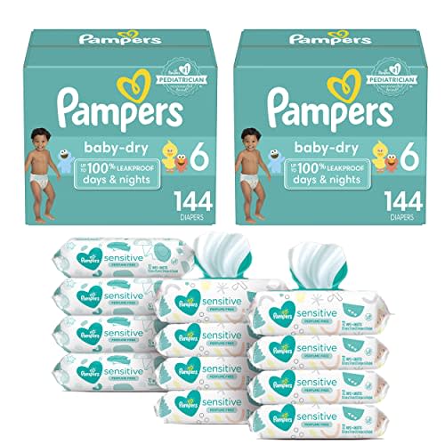 Pampers Baby Dry Disposable Baby Diapers Size 6, 2 Month Supply (2 x 144 Count) with Sensitive Water Based Baby Wipes, 12X Pop-Top Packs (864 Count)