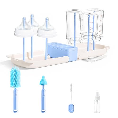 Travel Baby Bottle Cleaner Kit,7-in-1 Baby Bottle Brush Set for Travel and Home, All-in-One Baby Bottle Washing Kit: Integrated Cleaning & Drying System for Bottles and Breast Pump Parts (Blue)