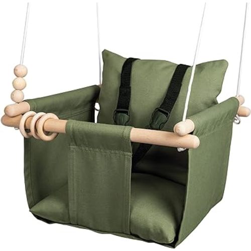 Indoor Outdoor Baby Swing with 3-Point Harness and Hardware for Ceiling, Porch, Doorway, Canvas Baby Swing Outdoor Toddler Swing Seat Green