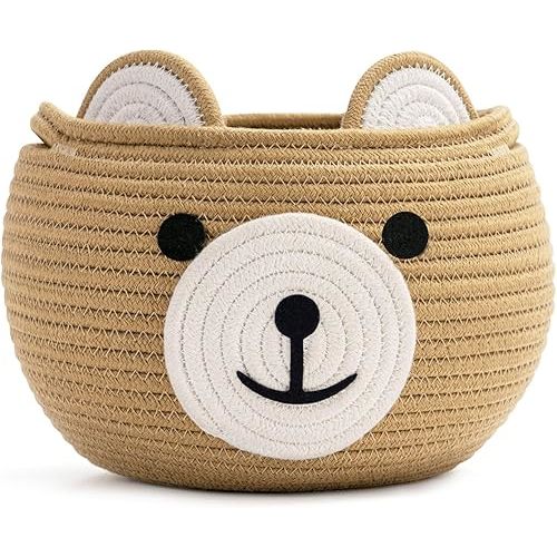 CherryNow Cotton Rope Baby Basket for Nursery, Bear Gift Baskets for Kids, Empty Baby Shower Basket with Handles, Small Cute Animal Baskets, Brown, 10.5"D x 8.5"H