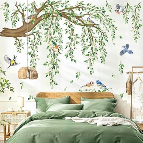 decalmile Spring Large Hanging Vine Wall Decals Green Leaf Tree Branch Flower Birds Wall Stickers Living Room Tv Background Bedroom Wall Decor