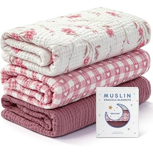 Unnivoll Muslin Swaddle Blankets for Newborns, 100% Cotton Receiving Blankets, Large 38 x 40 inches Baby Swaddle Blanket for Baby Boys and Girls, Soft Breathable Infant Baby Essentials 3 Pack Pink