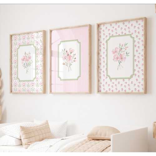 Set of 3 Floral Nursery Print, Grand Millennial Baby Girl Room Decor, Floral Wall Art, Botanical Prints, Pink Green Decor, Livingroom Print,