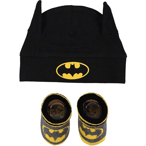 DC Comics Batman Infant Boys Baby Beanie Hat and Baby Booties Socks Gift Set 0-12 Months