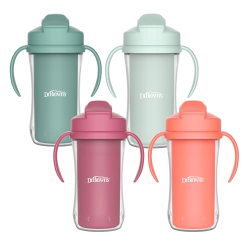 Dr. Brown's Milestones Insulated Sippy Cup with Straw and Handles, Spill-Proof Tumbler with Lid, Pink/Orange/Green/Green, 10 oz/300 mL, 12m+, 4-Pack