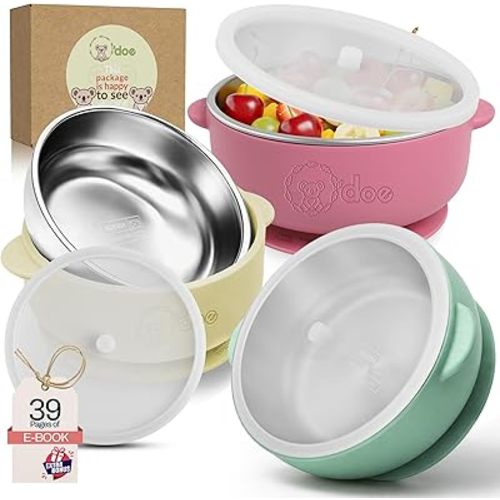 o'doe Suction Bowls for Baby - Non-Toxic Stainless Steel Baby Bowls 5" with Non-Slip Removable Silicone Shell - BPA-Free Toddler Bowls (Green + Rose + Beige)