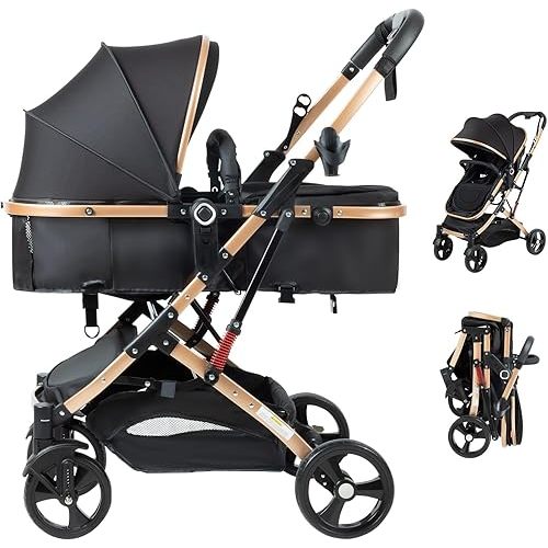 2 in 1 Baby Stroller Newborn Foldable Pushchair Folding High Landscape Infant Carriage,Toddler Pushchair Black Baby Stroller